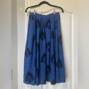 Modcloth Blue A-Line Skirt with Black Peacock Pattern